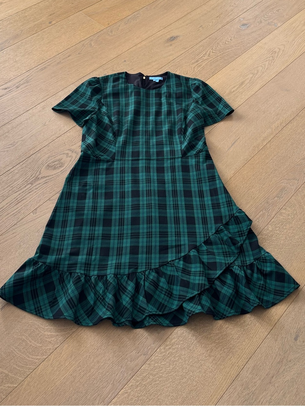 Draper James Blackwatch Green Plaid Ruffle Hem Dress Size 14